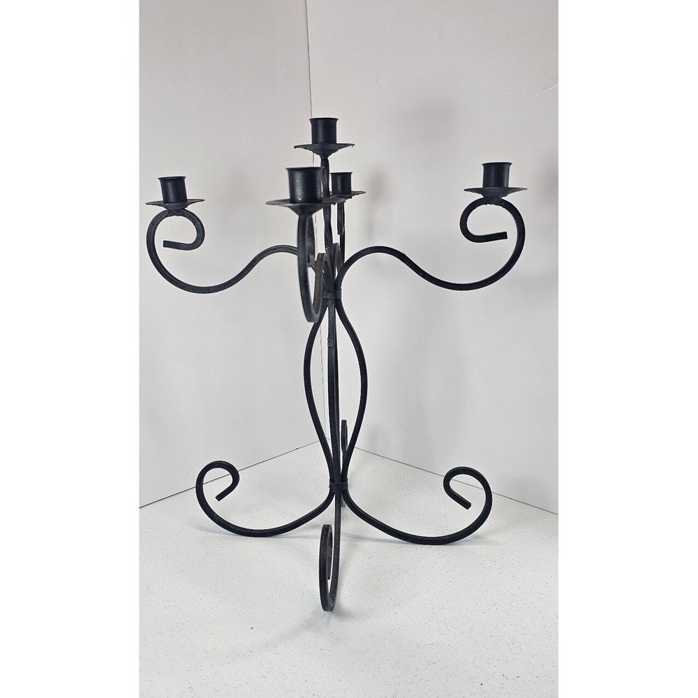 VTG Black Wrought Iron 5 Arm Candelabra Candle Holder Scroll Gothic Decor 17.5"